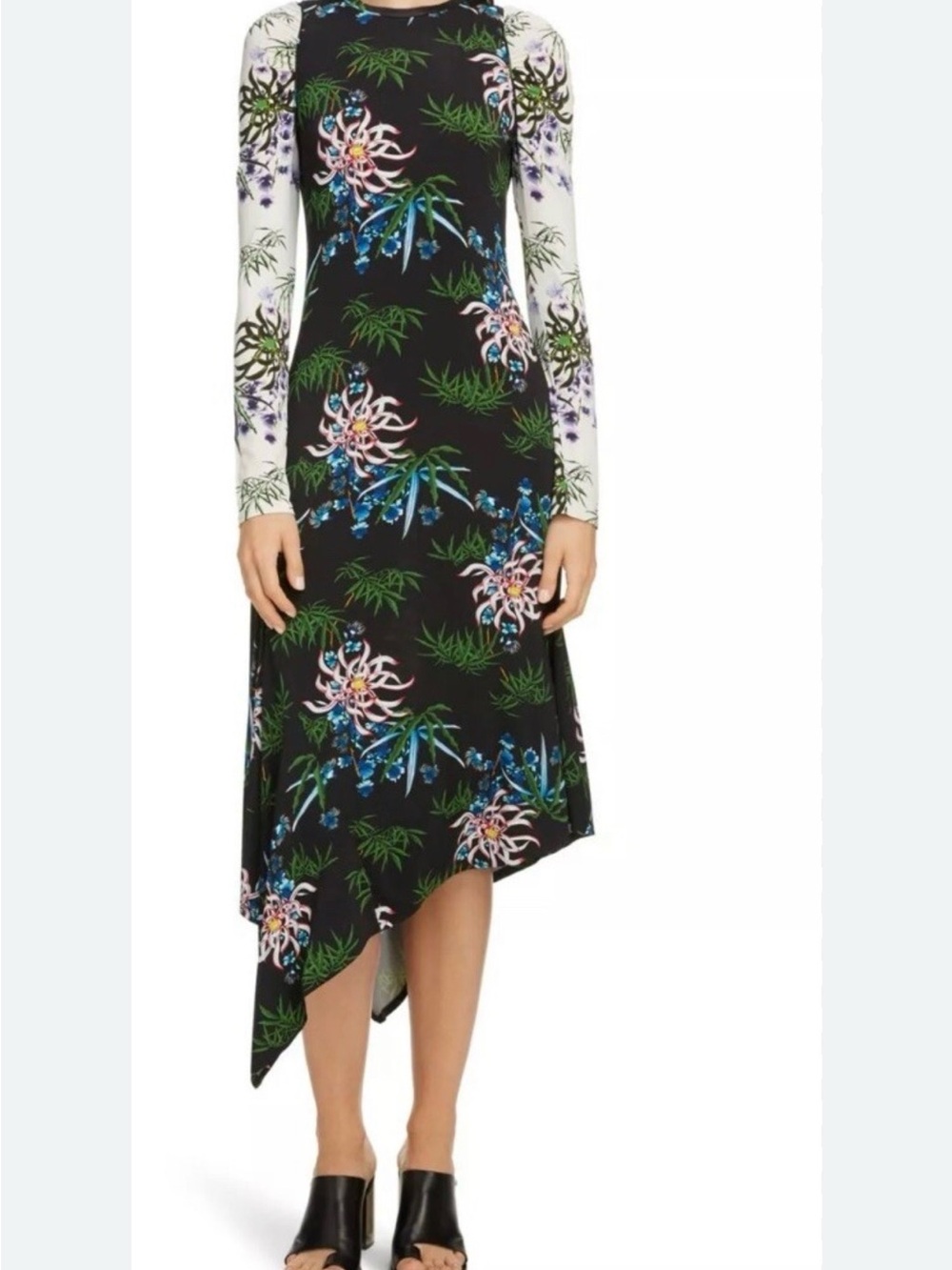 Kenzo Black Floral Asymmetrical Long-Sleeve Dress